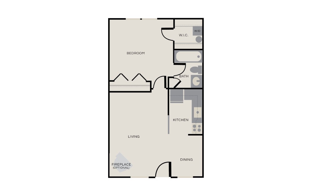 1x1 - 1 bedroom floorplan layout with 1 bath and 600 square feet.