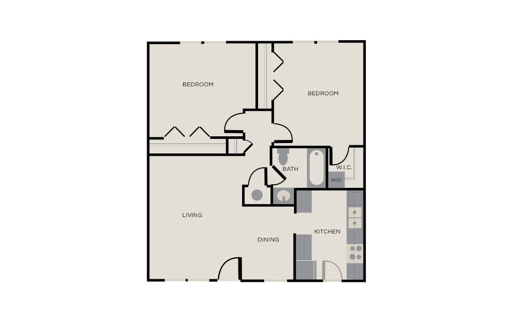 2x1 - 2 bedroom floorplan layout with 1 bath and 900 square feet.