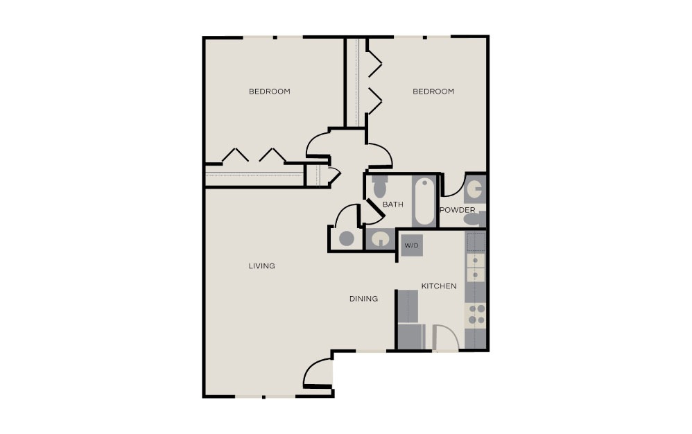 2x1.5 - 2 bedroom floorplan layout with 1.5 bath and 975 square feet.